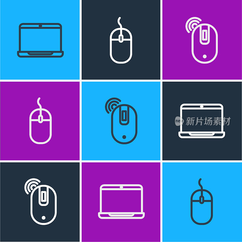 Set line Laptop, Wireless computer mouse and Computer icon. Vector